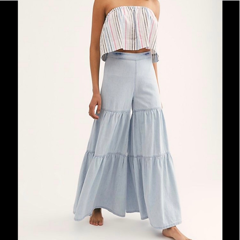 FREE PEOPLE STARGAZING TIERED WIDE DENIM PANTS
